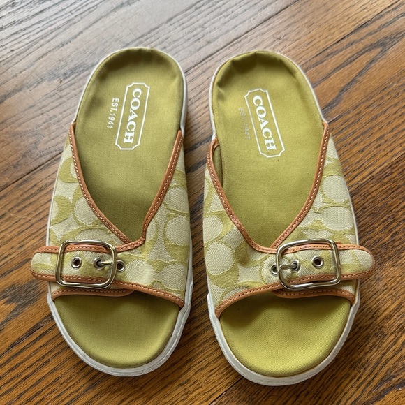 Coach Bonny Signature buckle strap sandals in chartreuse. Canvas upper. Size 8. - Picture 1 of 5